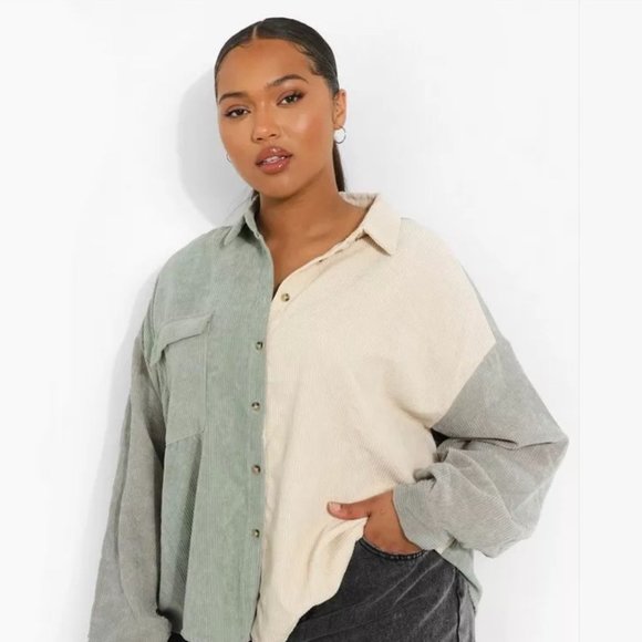 bohoo Tops - PLUS OVERSIZED COLOR BLOCK CORD SHIRT